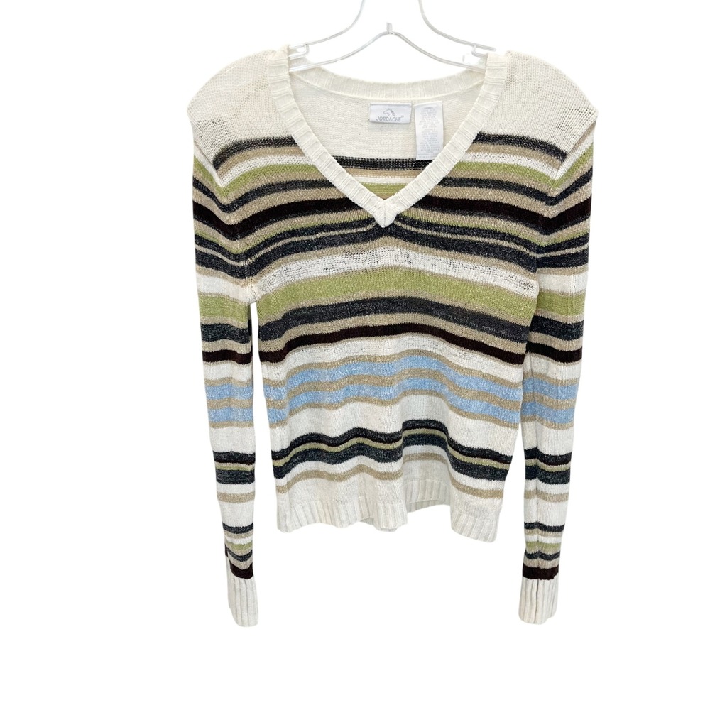 Vintage Jordache Striped V-Neck Sweater Womens Large Y2K 90s Chenille Knit Multi